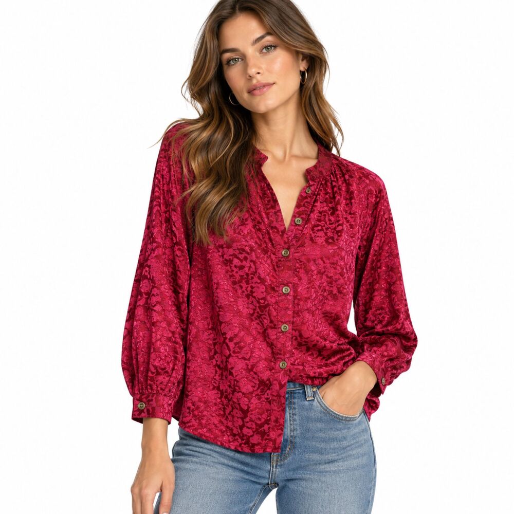 Anthropologie Womens Burnout Floral Blouse Small Berry Red Romantic Boho Top
